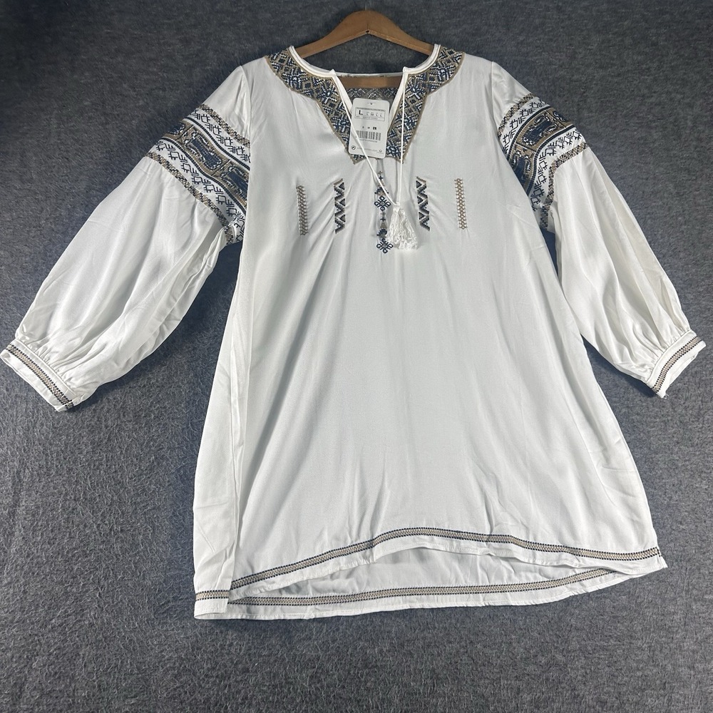 Women's Boho Embroidered Tasseled Balloon Sleeves Peasant Blouse Top GanLan SZ L